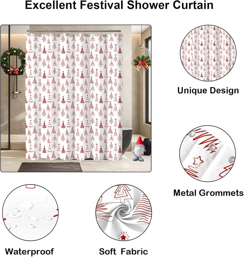 YOSTEV Christmas Shower Curtain, Red Christmas Tree Shower Curtains for Bathroom Decor, White Red Winter Holiday Shower Curtain, Merry Christmas Xmas Pine Fabric Cloth Bath Curtain, 72 x 72 Inch - Image 3